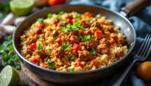 Nur 20 Minuten und wenig Zutaten – heute machen wir eine scharfe Reis-Hack-Pfanne